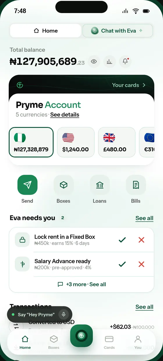Pryme app home: every currency on one balance