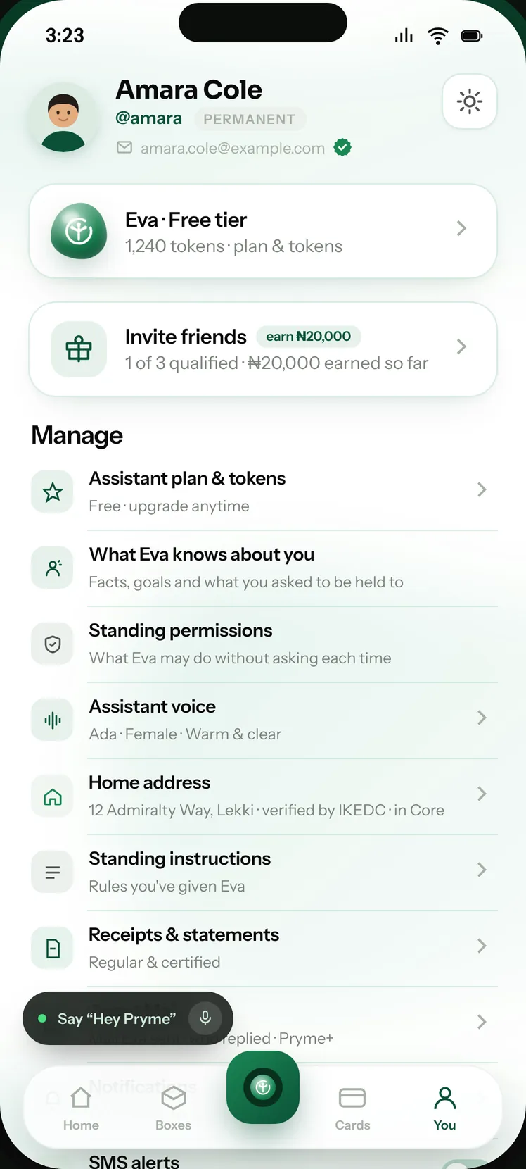 Pryme app: What Eva may do without asking