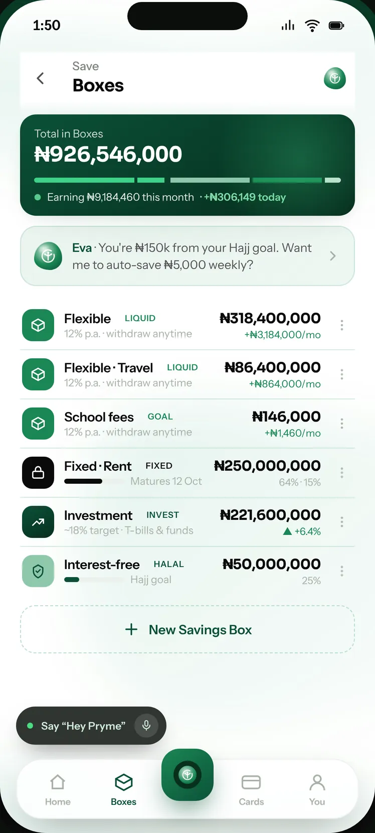 Pryme app: Savings Boxes